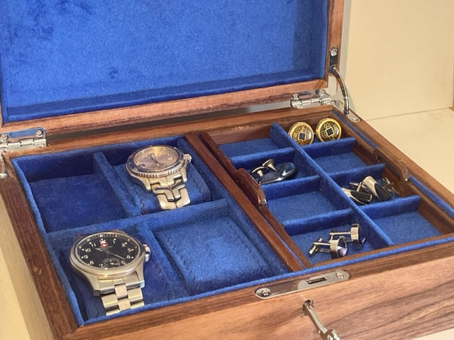Inlaid Valet box large walnut box blue velvet lining