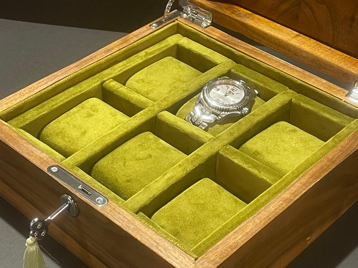 6 watch box in solid walnut with cufflink tray