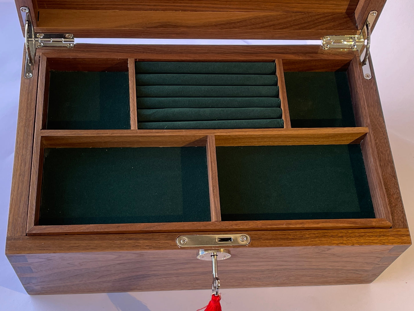 Walnut Jewellery Box dovetailed, green velvet lining