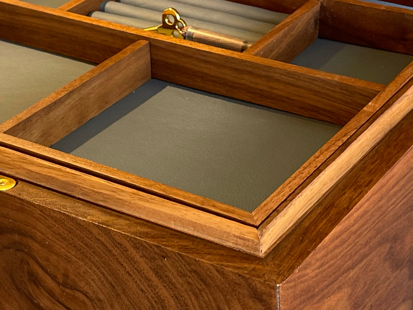 Walnut Peacock Inlay Jewellery Box grey leather lining