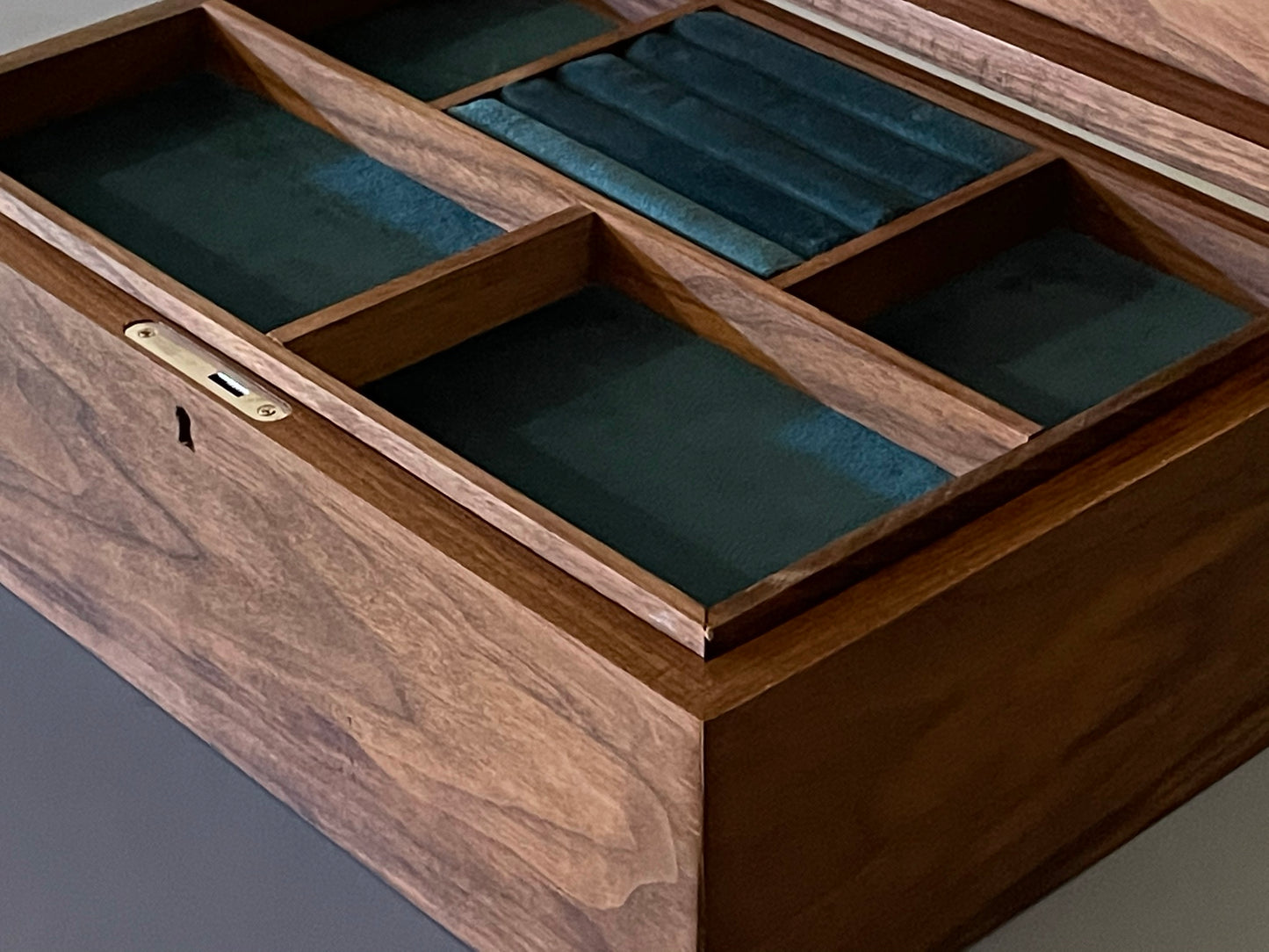 Jewellery Box (available) walnut deep green velvet