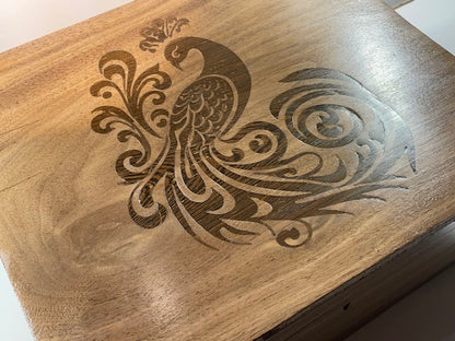 Walnut Peacock Inlay Jewellery Box (available)  grey leather lining