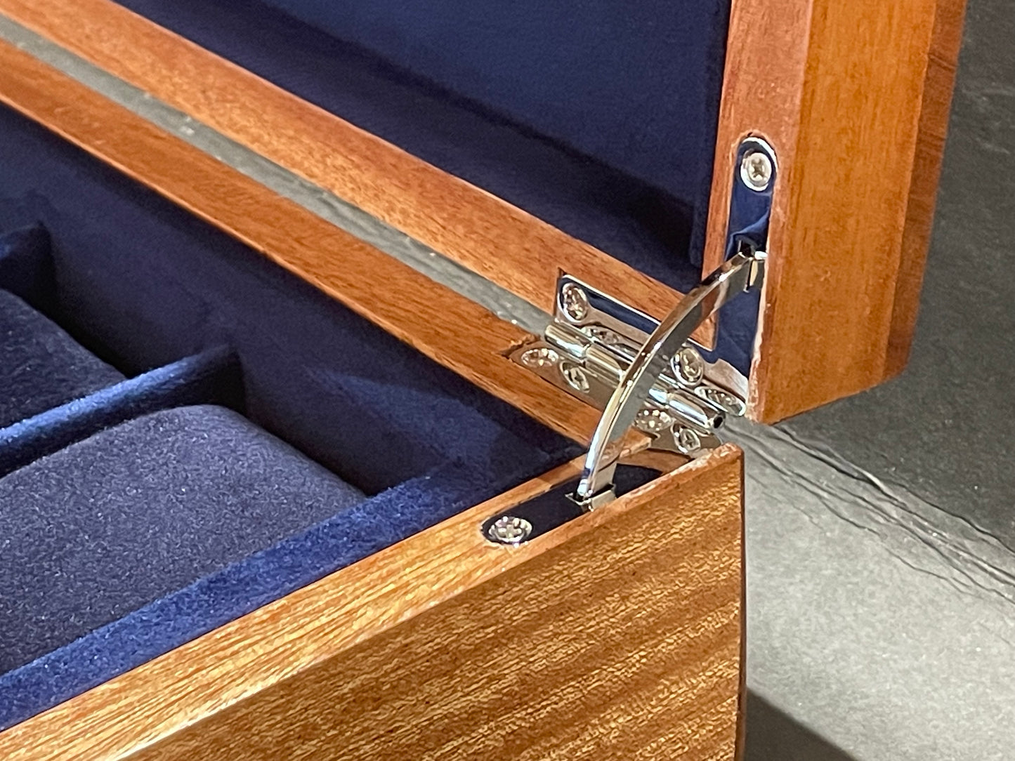 8 watch box (available) in Sapele with Blue velvet lining
