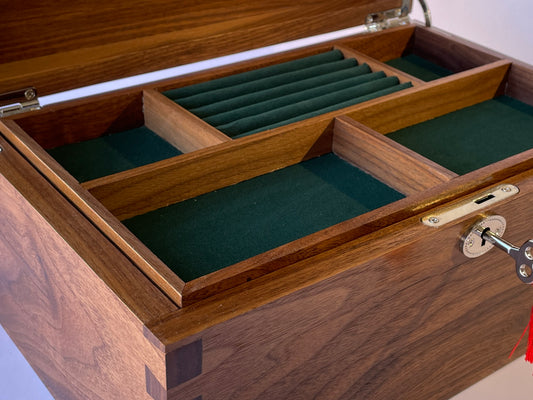 Walnut Jewellery Box (available) dovetailed, green velvet lining