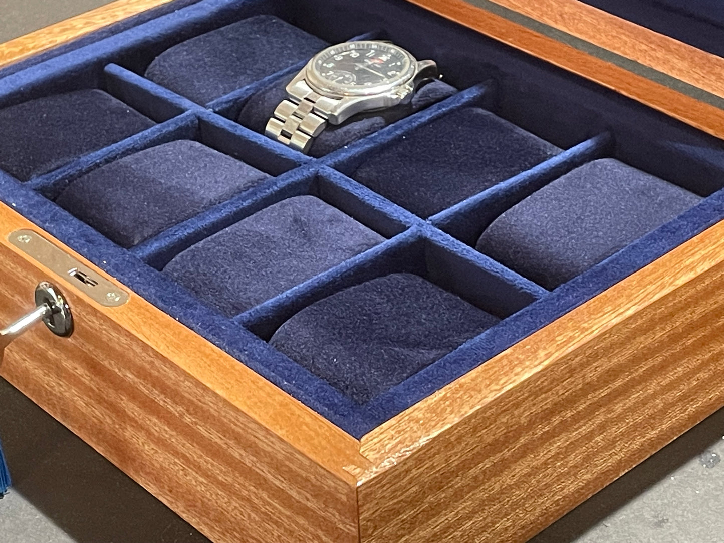 8 watch box (available) in Sapele with Blue velvet lining